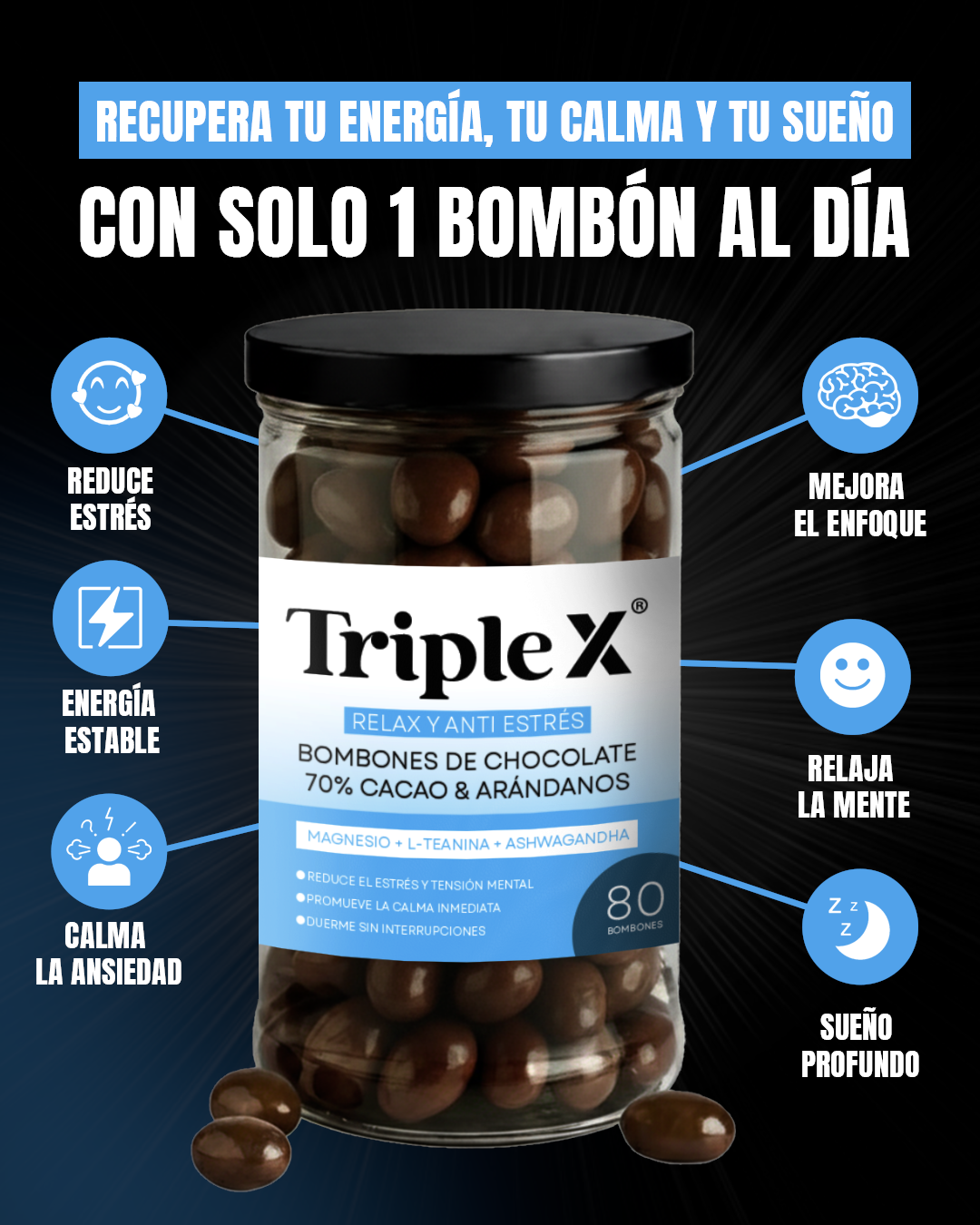 TRIPLE X | RELAX & ANTI-ESTRÉS BOMBONES DE ARÁNDANOS Y CHOCOLATE 70% DE CACAO CON ASHWAGANDHA