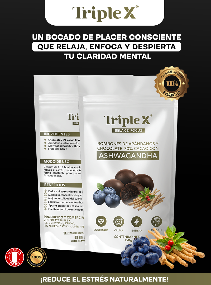 TRIPLE X | RELAX & FOCUS BOMBONES DE ARÁNDANOS Y CHOCOLATE 70% DE CACAO CON ASHWAGANDHA